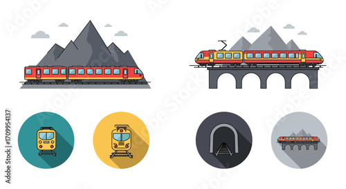 Colorful graphic illustration of a train traveling through mountainous terrain
