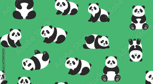 Pattern Vector Illustration with Cute Panda Bears on Green Background in Minimalist Style