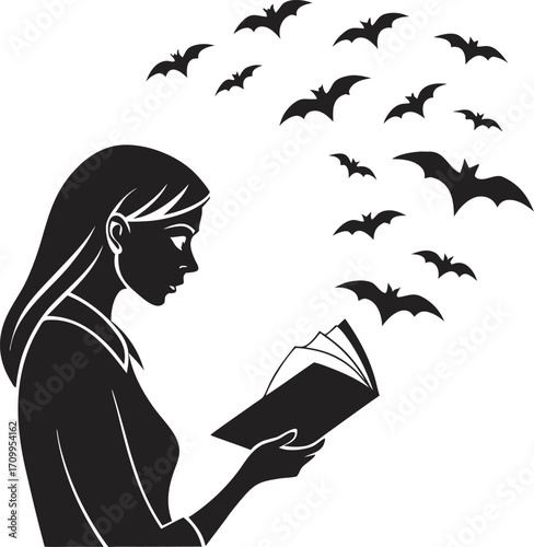 A young woman reading a book amidst a swarm of bats a halloween themed illustration in black and white vector graphic