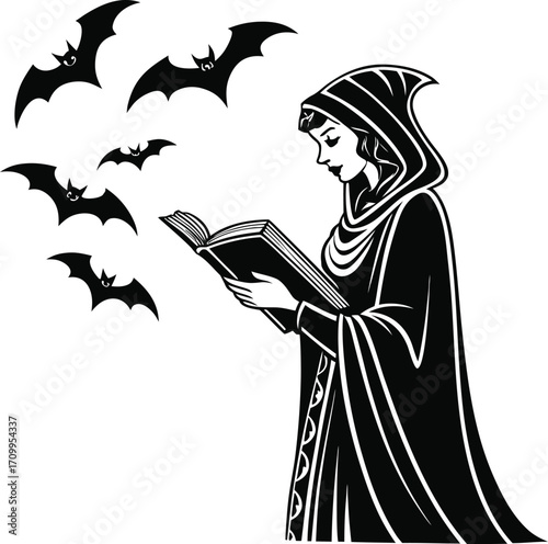 Enchanting witch reading a spellbook with bats vector illustration for halloween and occult themes