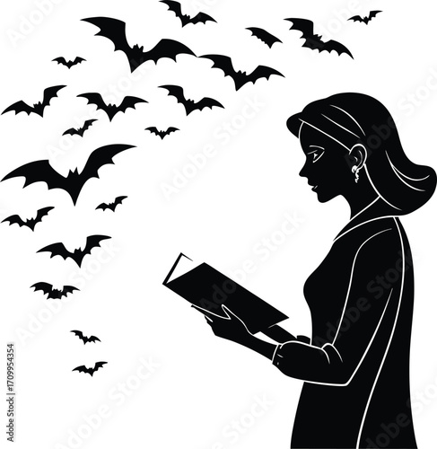 Silhouette illustration of a woman reading a book with flying bats ideal for halloween decorations or gothic themed designs