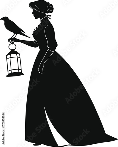 Silhouette of a victorian lady holding a lantern and raven an elegant vintage illustration