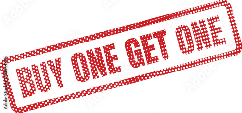 A red and white dotted Buy One Get One stamp conveys a sales promotion message