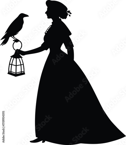 Silhouette of a victorian lady with a raven and lantern perfect for halloween designs and gothic illustrations