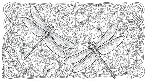 Decorative Dragonfly Vector Illustration with Floral Elements and Ornate Organic Style