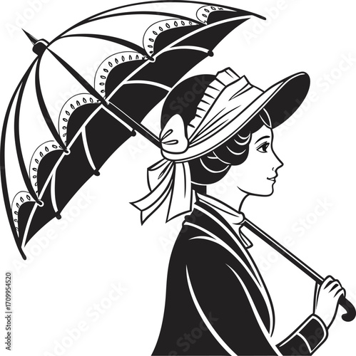 Vintage victorian lady with parasol a black and white illustration for halloween design elements