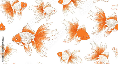 Pattern Vector Illustration with Orange White Goldfish in Hand Drawn Organic Style