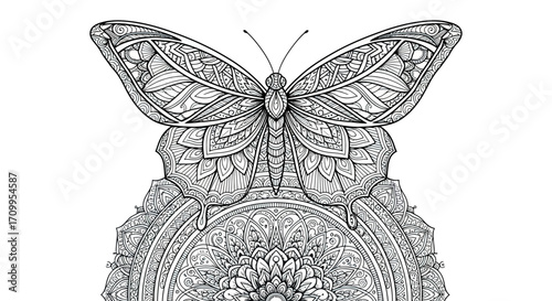 Intricate Butterfly Vector Illustration with Floral Mandala Elements in Detailed Line Art