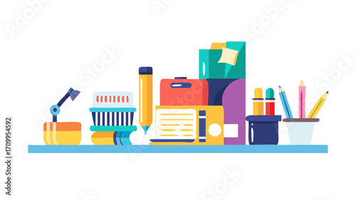 Office supplies desk organizer stationery pencils lamp brush books folders vector illustration design