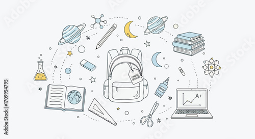Educational School Vector Illustration with Backpack Books Planets and Science Elements in Minimalist Style