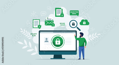 Digital security concept person interacting with computer data protection and privacy icons