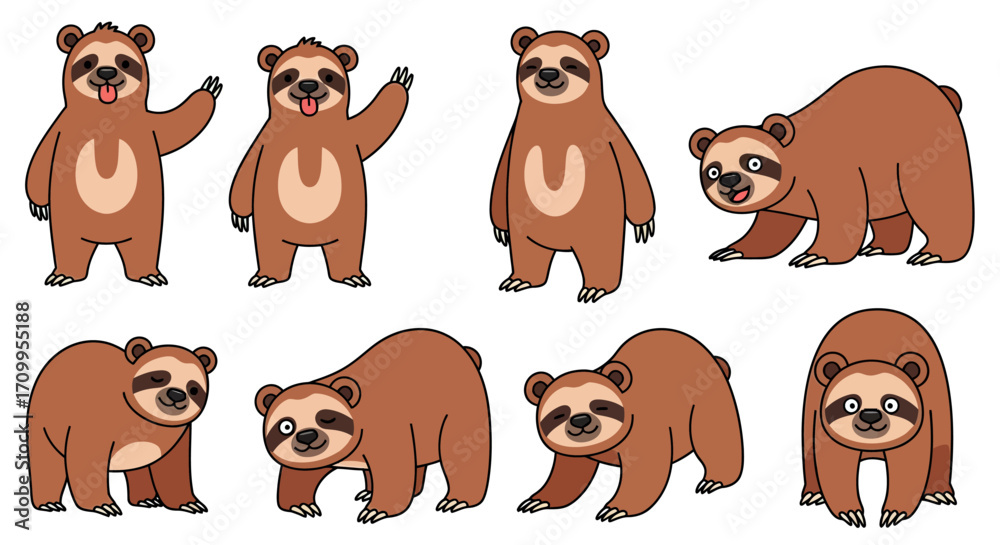 Fototapeta premium Cute Sloth Vector Illustration Set in Cartoon Style with Brown and Beige Colors