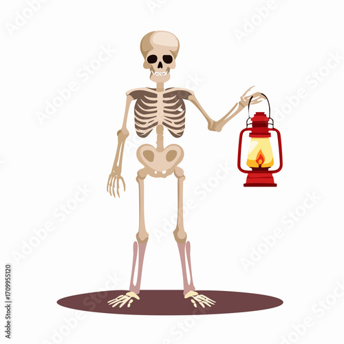Anatomical human skeleton character holding a vintage red oil lamp on a white background