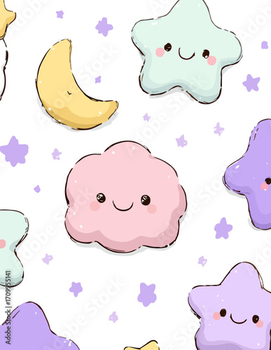 Motif vectoriel sans couture kawaii : nuages, étoiles et lunes