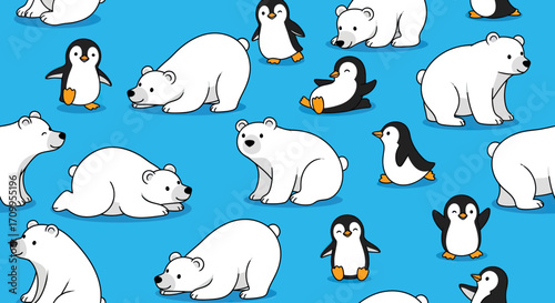 Seamless Polar Bear and Penguin Vector Pattern with Cute Cartoon Style on Blue Background