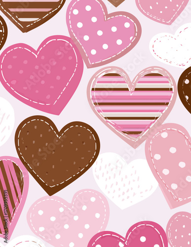 Motif vectoriel sans couture de coeurs superposés : tons roses et bruns