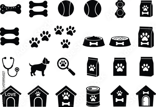 Dog and pet care silhouette vector icons, food bowls, bones, paw prints, dog house, veterinary symbols, black design elements