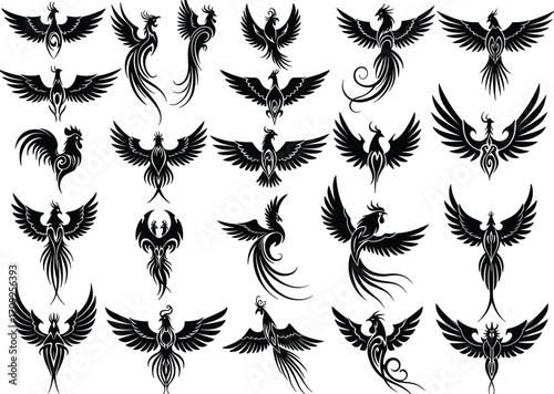 Tribal phoenix tattoo vector set, flying firebird illustration, mythical bird design, black phoenix art, spiritual rebirth and strength symbol