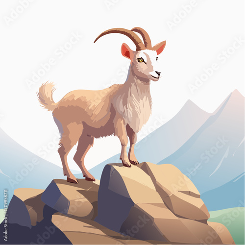 3D Ziege, auf Felsen stehend, Berglandschaft, klare Luft, fotorealistisch, detailliertes Fell