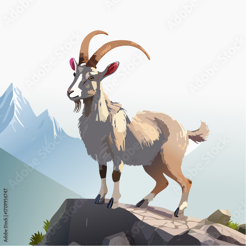 3D Ziege, auf Felsen stehend, Berglandschaft, klare Luft, fotorealistisch, detailliertes Fell