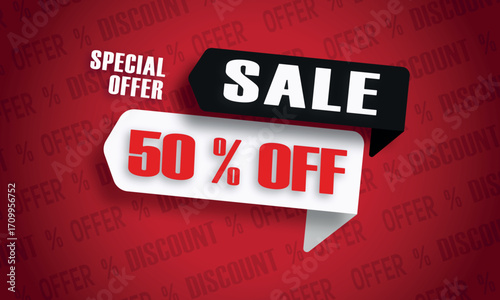 Illustration of special offer sale 50 off with red and white tags on a red background