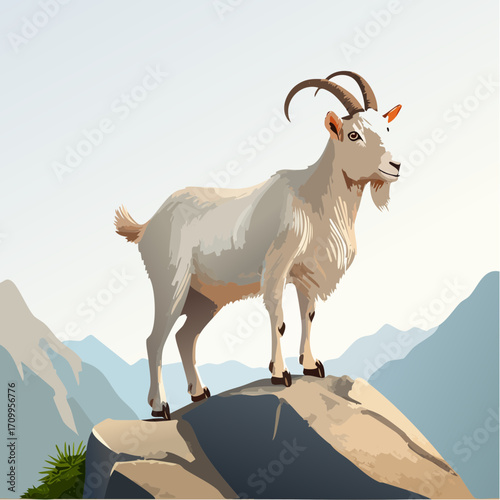 3D Ziege, auf Felsen stehend, Berglandschaft, klare Luft, fotorealistisch, detailliertes Fell