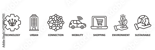Smart city icon set vector illustration for technology, urban, connection, mobility, shopping, environment and sustainable