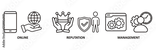 ORM icon set vector illustration for online reputation management with icon of internet, browser, winner, trust, favorite, and business