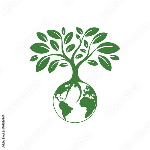 Green Earth with Tree Growing from Planet in Eco-Friendly Minimalist Vector Symbol of Sustainability and Nature