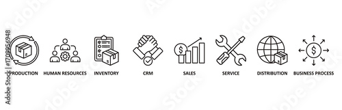 Enterprise resource planning icon set vector illustration for production, human resources, inventory, crm, sales, service, distribution, business process