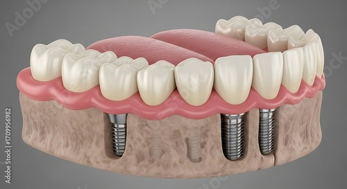 Lower jaw dental implant model with titanium implants supporting fixed denture 3D render.
