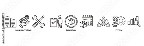 MES icon set vector illustration for manufacturing execution system with icon of factory, service, automation, operation, production, distribution, management, structure, and analysis