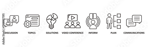 Meeting icon set vector illustration for business meeting and discussion with communications, topics, solutions, plan, inform and video conference icon