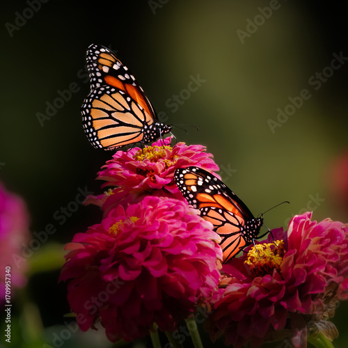 two monarch butterflies on pink flowers