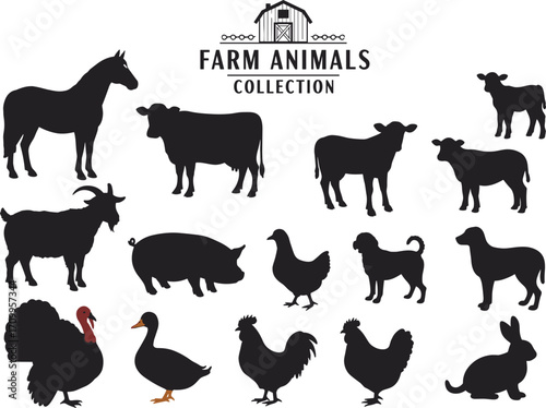Farm animals collection silhouette illustration, domestic livestock vector set, cow horse pig goat sheep poultry turkey duck rabbit dog chicken