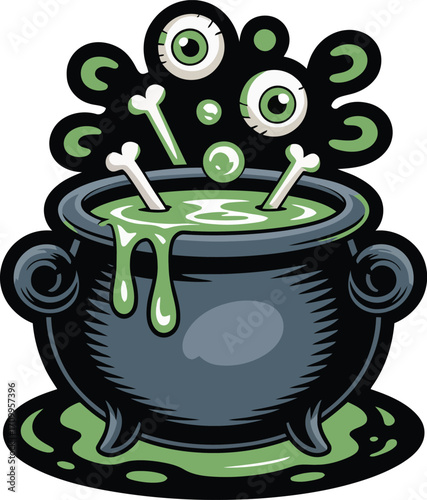 Spooky Halloween Cauldron with Bubbling Green Potion, Bones, Eyeballs, and Toxic Fumes in Cartoon Vector Style