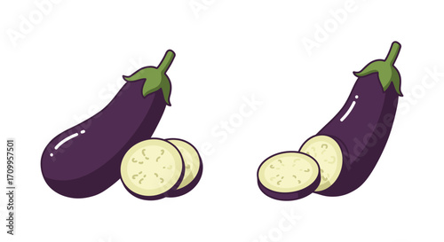 Two eggplants one sliced showing purple skin and pale interior