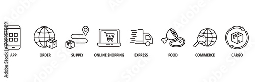 Delivery service icon set vector illustration for app, order, online shopping, supply, fast, food, commerce, and cargo