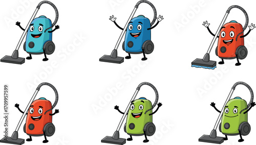 Cartoon vacuum cleaner mascot character set, colorful household appliance vector illustration for cleaning service, housework concept and branding design