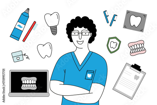 Vector illustration of a smiling dentist character surrounded by dental icons.