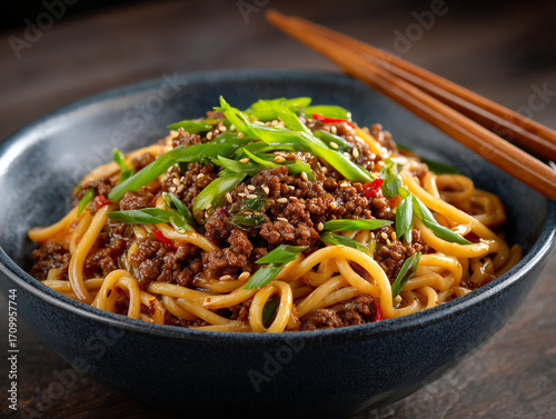 Dan dan noodles with minced meat and sesame seeds in a bowl