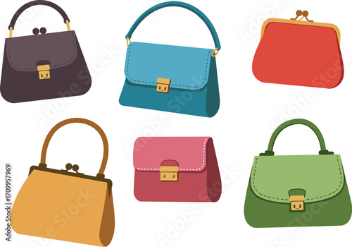 Colorful women’s handbags and purses illustration, fashion accessory collection, stylish designer bags vector set for lifestyle and shopping