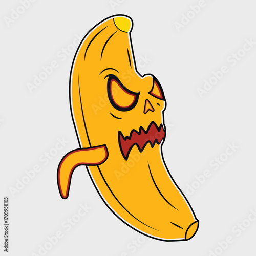 Spooky Banana Character: A wickedly delightful cartoon banana with a sinister, ghostly facade, its peel transformed into an ominous visage, ready to bring Halloween cheer.