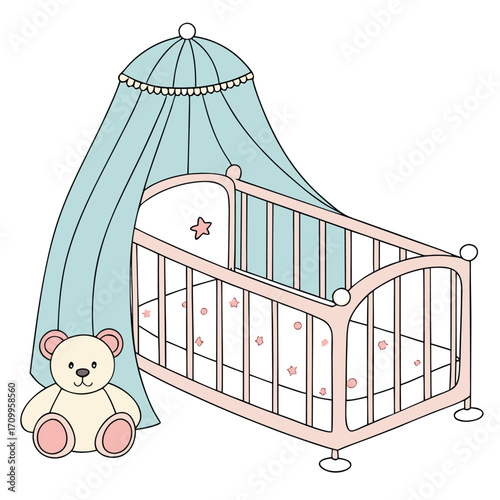 An illustration of a baby in a crib, with toys and furniture, in a decorated nursery room