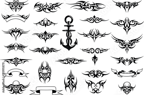 Tribal tattoo vector set with anchor, skull, abstract ornamental patterns, black tribal tattoo designs, decorative symmetrical tattoo clipart illustration