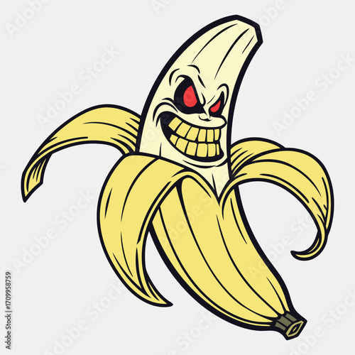 Menacing Banana's Grin: A bold illustration captures a peeled banana transformed into a sinister character with a menacing grin, emanating a playful yet unsettling vibe.
