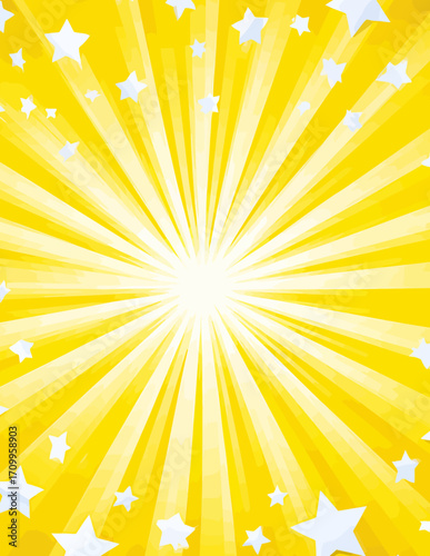 Fond jaune vibrant avec rayons de soleil et étoiles