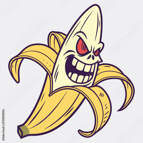 Cursed Banana: A whimsical cartoon banana peels open to reveal an angry face with sharp teeth and glowing eyes, a fun and playful illustration, perfect for unique design uses.