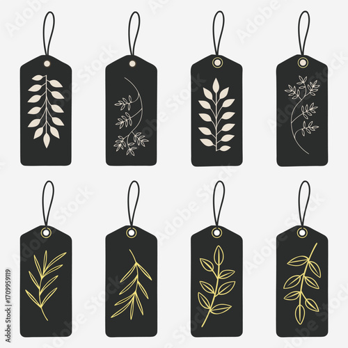 Artistic Botanical Tags: A captivating array of artful tags, each elegantly adorned with botanical designs, rendered in both monochrome and gilded hues, exuding a timeless charm.