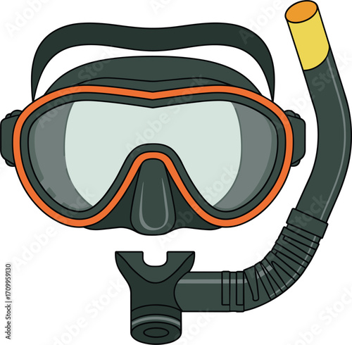 Black and orange scuba diving mask with snorkel on white background Keywords: scuba diving, mask, snorkel, diving equipment